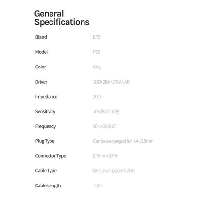 The EPZ P50 Hybrid IEM General Specifications