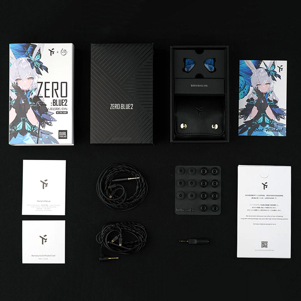 Unboxed Truthear x Crinacle Zero: Blue2 IEM package including earphones, cable, ear tips, manuals, and character-themed packaging.