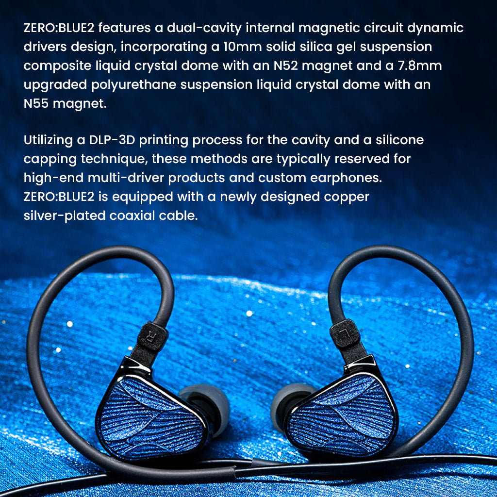 Truthear x Crinacle Zero: Blue2 IEMs on blue background with description of dual dynamic drivers and custom silver-plated coaxial cable.