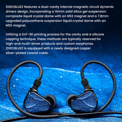 Truthear x Crinacle Zero: Blue2 IEMs on blue background with description of dual dynamic drivers and custom silver-plated coaxial cable.
