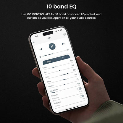 GO CONTROL app interface on smartphone showing 10-band EQ settings for customizing audio output on Up2Stream AMP v4.
