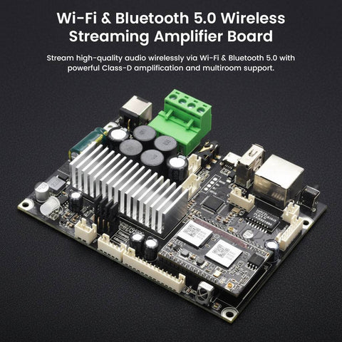 Up2Stream AMP v4 Wi-Fi and Bluetooth 5.0 wireless streaming amplifier board for high-quality audio and multiroom support.