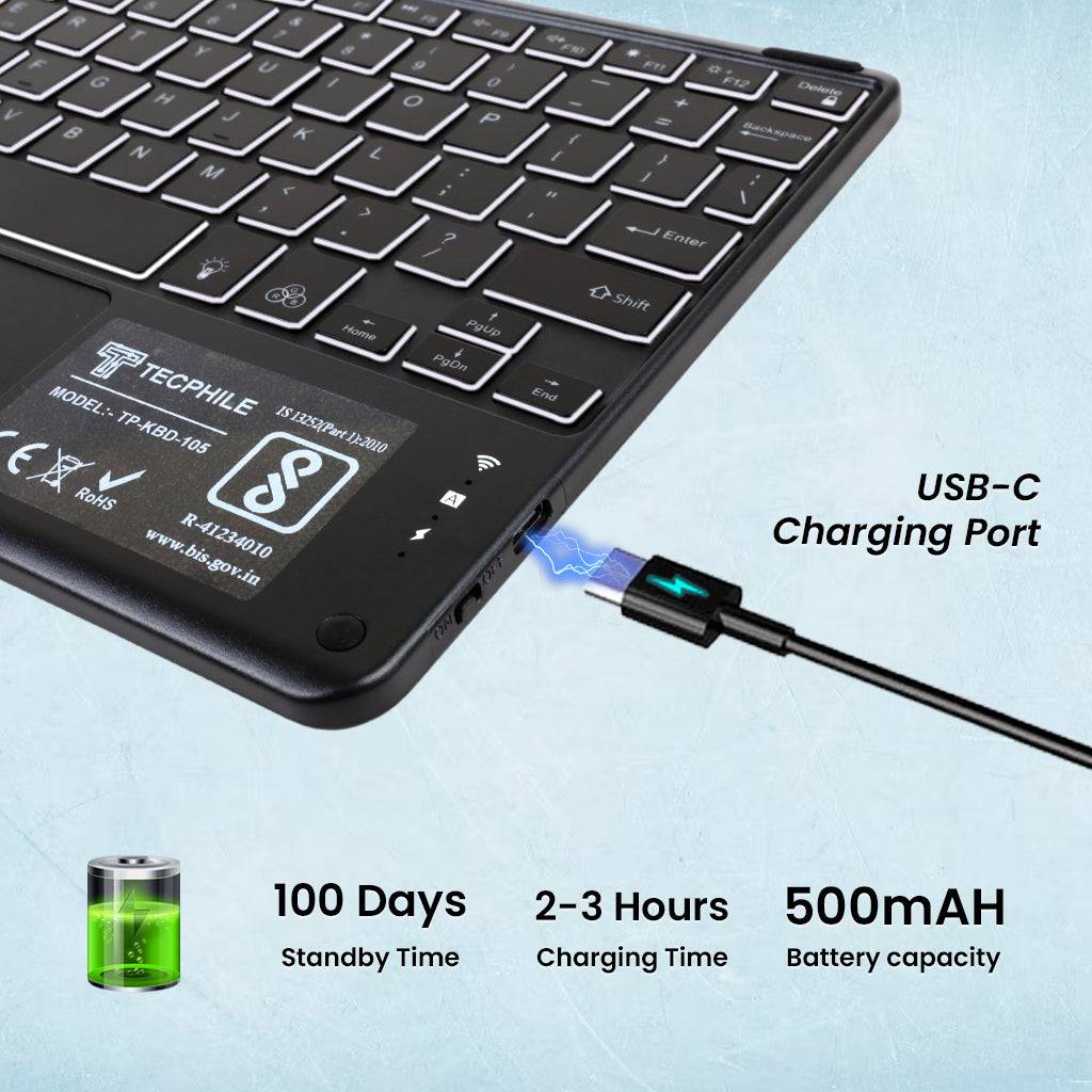 TECPHILE RY812 keyboard case with USB-C charging port, 500mAh battery, 2-3 hours charging time, and 100 days standby time.