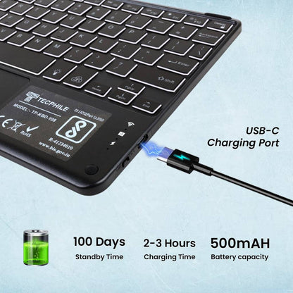 TECPHILE RY812 keyboard case with USB-C charging port, 500mAh battery, 2-3 hours charging time, and 100 days standby time.