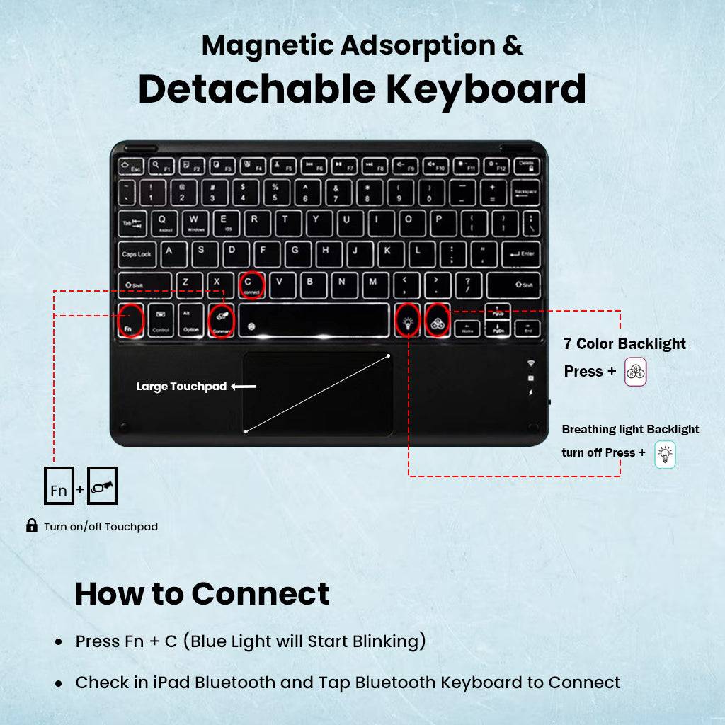 Magnetic detachable keyboard with backlight and touchpad, showing connection instructions for TECPHILE RY812 Honor Pad 8 case.