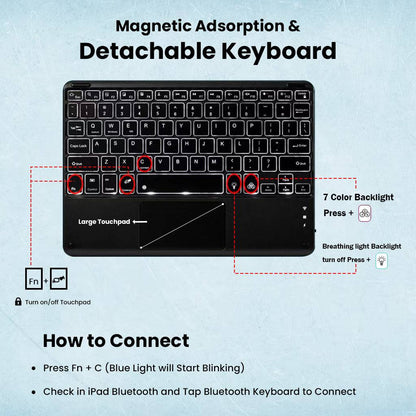 Magnetic detachable keyboard with backlight and touchpad, showing connection instructions for TECPHILE RY812 Honor Pad 8 case.