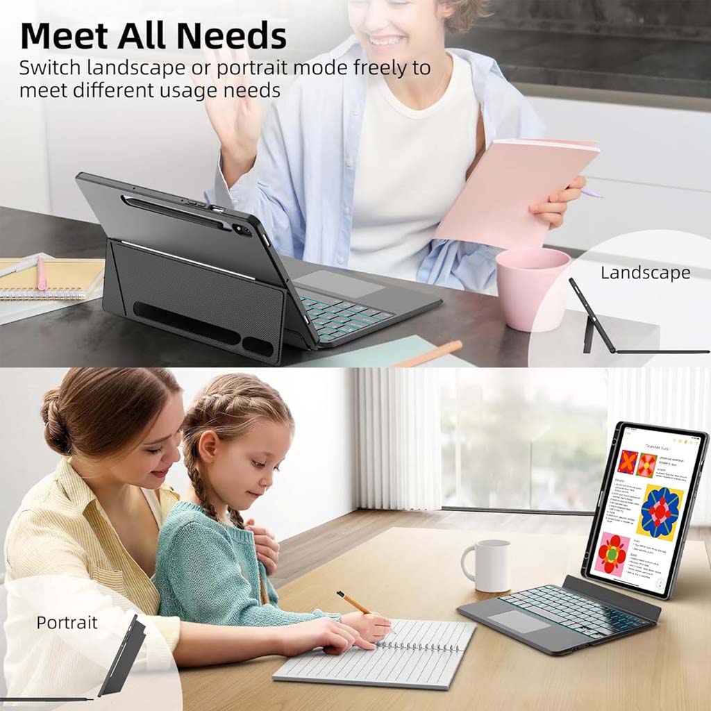 YJ-S9 Keyboard Case supports landscape and portrait modes for flexible use with Samsung Galaxy Tab S9 and S9 FE.
