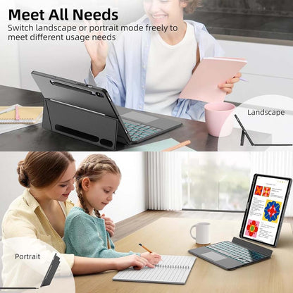 YJ-S9 Keyboard Case supports landscape and portrait modes for flexible use with Samsung Galaxy Tab S9 and S9 FE.