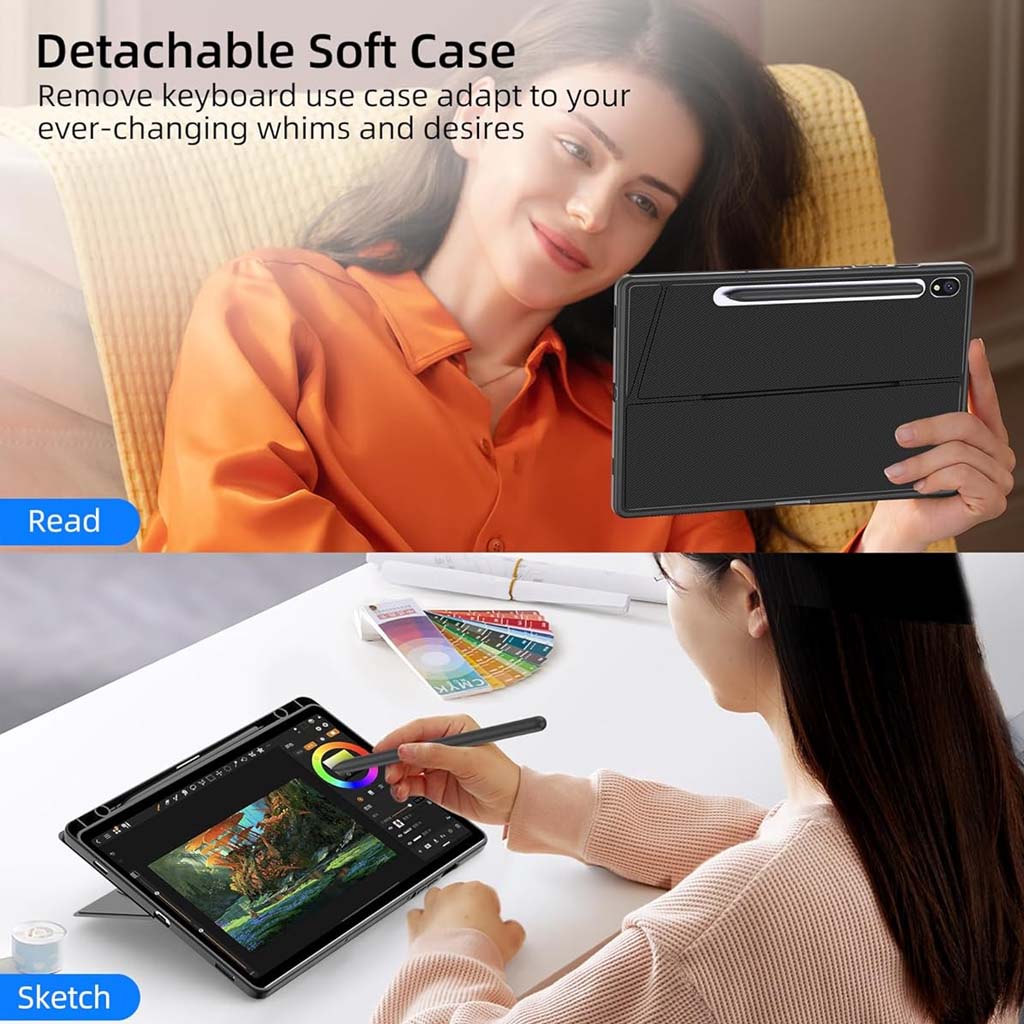 YJ-S9 Keyboard Case with detachable soft cover supports reading and sketching modes for Samsung Galaxy Tab S9 and S9 FE.