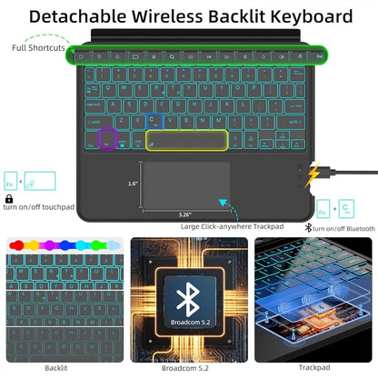 YJ-S9 Keyboard Case features detachable wireless backlit keyboard with Broadcom 5.2 chip, full shortcuts, and large trackpad.