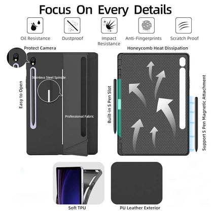 YJ-S9 Keyboard Case offers camera protection, heat dissipation, anti-fingerprint, and scratch-resistant PU leather with soft TPU interior.