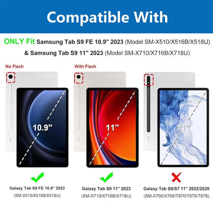 Compatibility guide for YJ-S9 Keyboard Case showing fit for Galaxy Tab S9 FE 10.9 inch and Tab S9 11 inch, not compatible with Tab S8/S7.