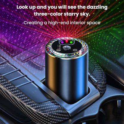 Z11-B Car Air Freshener Diffuser projecting colorful starlight while diffusing fragrance, enhancing car ambiance.