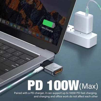 TECPHILE 2-in-1 Type-C Adapter supports 100W PD fast charging, shown powering a laptop while maintaining performance for office use.