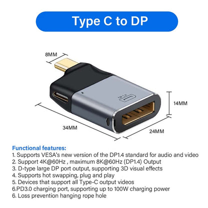 TECPHILE Type-C to DisplayPort 1.4 Adapter with dimensions and features like 8K@60Hz support, hot swapping, and 100W PD charging compatibility.