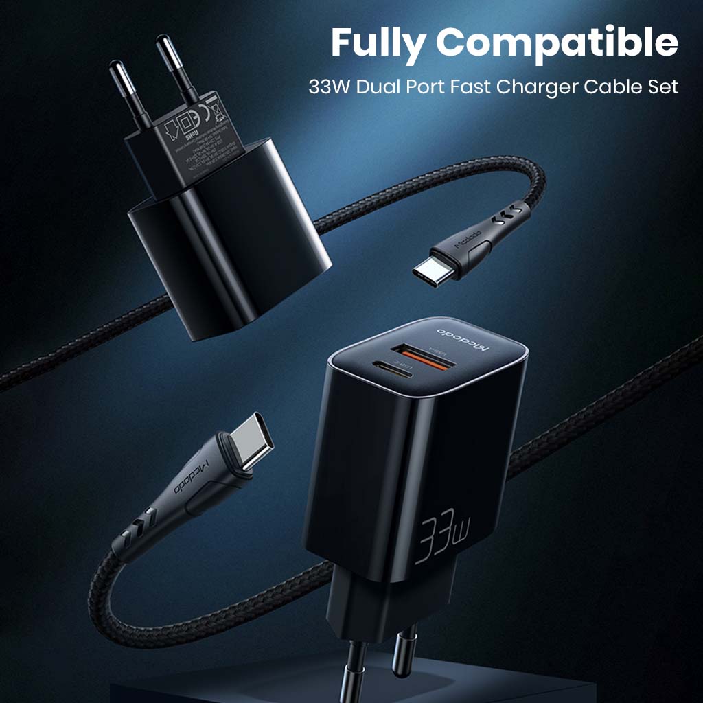 Mcdodo 33W Dual Port Fast Charger Cable Set with USB-C and USB-A outputs, fully compatible with various mobile devices.