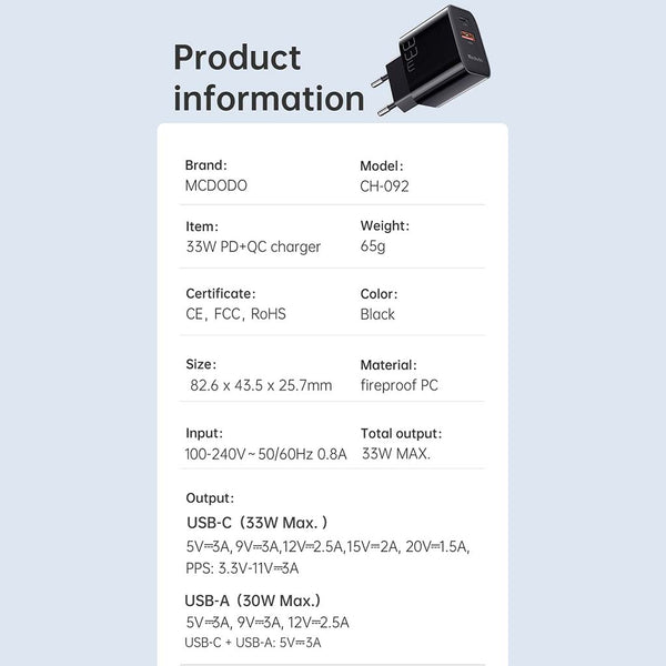 Mcdodo- 33W PD Wall Charger with Type C Cable - 11