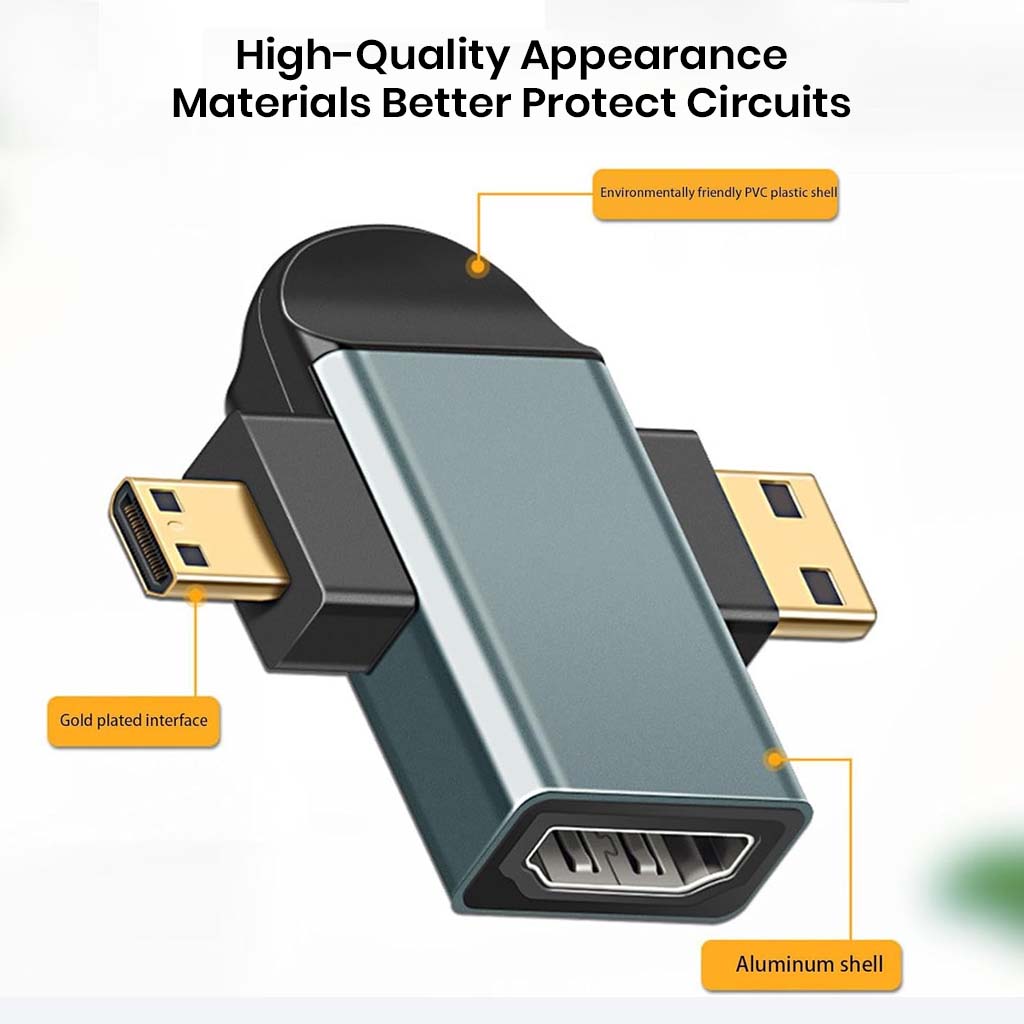 Close-up of TECPHILE HDMI adapter highlighting gold-plated interface, aluminum shell, and eco-friendly PVC for enhanced durability and performance.
