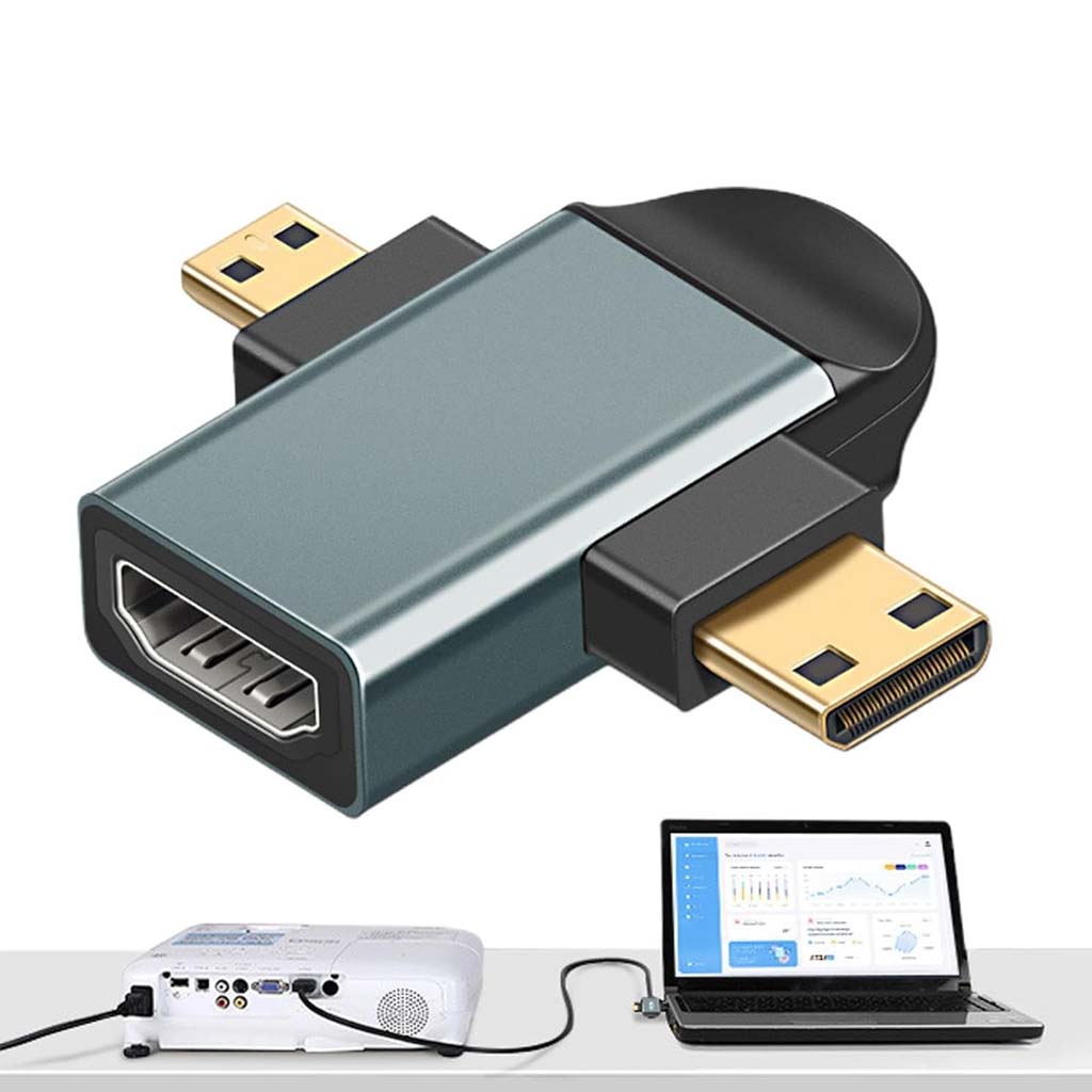 TECPHILE HDMI adapter connected between a laptop and projector, demonstrating its use for high-resolution video output in office environments.