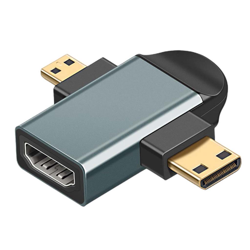 TECPHILE 2-in-1 HD Mini HDMI/Micro HDMI to HDMI Female Adapter with gold-plated connectors and compact aluminum shell for high-speed signal transfer.