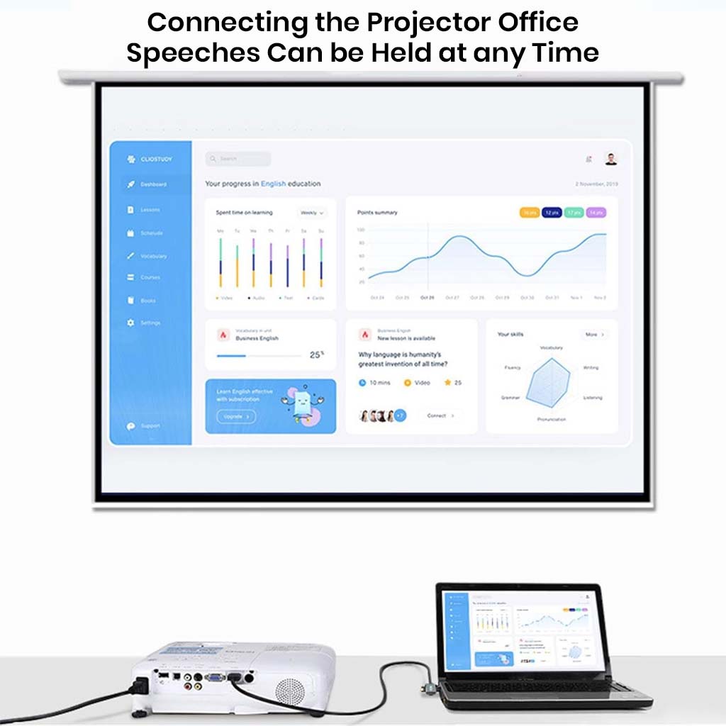 TECPHILE HDMI adapter connecting a laptop to a projector, ideal for office presentations and seamless video output in professional settings.