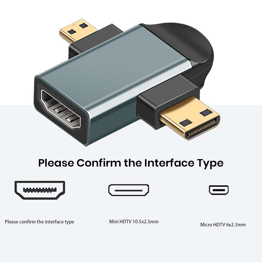 Interface comparison of TECPHILE HDMI adapter showing Mini HDMI and Micro HDMI ports to ensure correct compatibility with user devices.