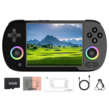 ANBERNIC RG40XX H handheld game console with 4.0 inch display, dual joysticks, 64GB card, and accessories for retro gaming.