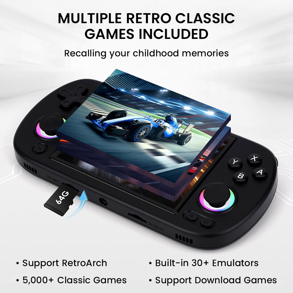 ANBERNIC RG40XX H console supports 30+ emulators, 5,000+ classic games, and RetroArch with 64GB storage for nostalgic gaming.