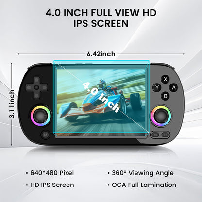 ANBERNIC RG40XX H game console with 4.0 inch HD IPS screen, 640x480 resolution, and 360° viewing angle for immersive visuals.