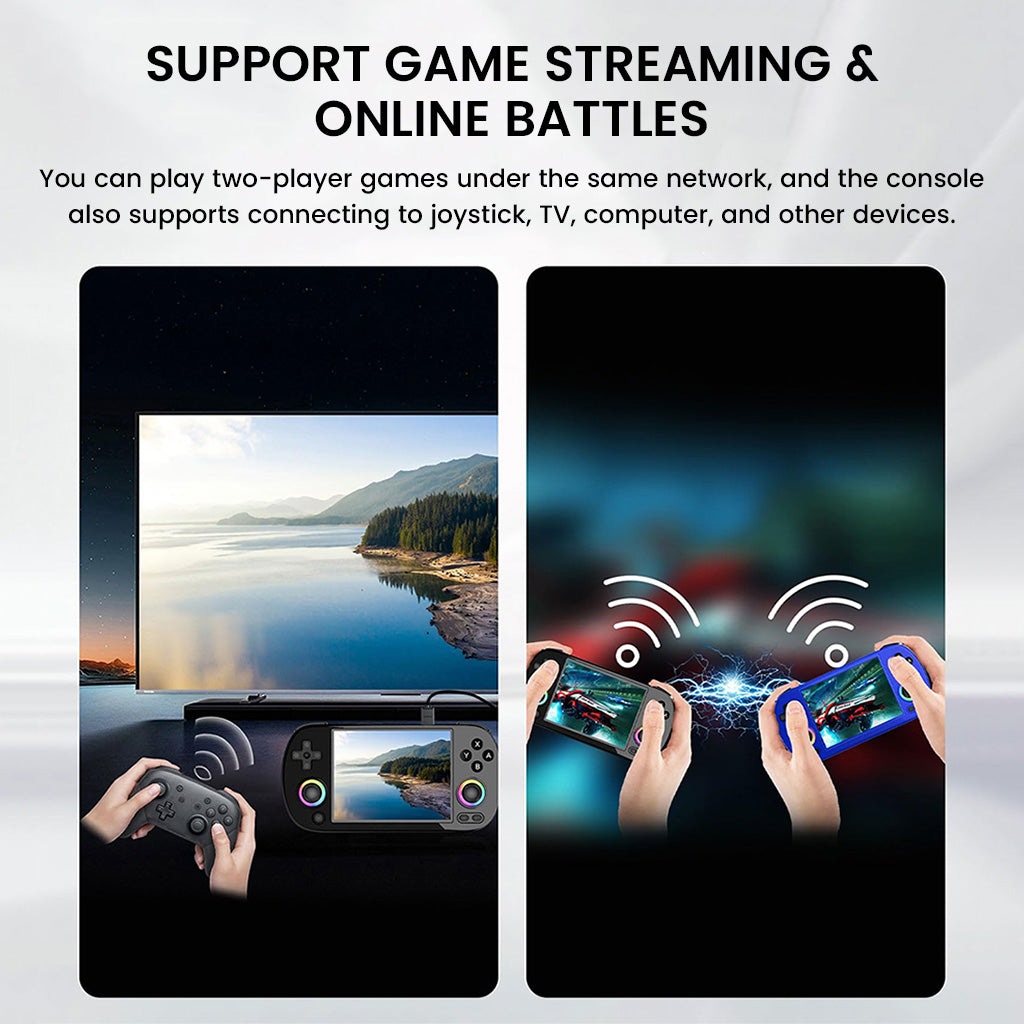 ANBERNIC RG40XX H supports game streaming, online battles, and multiplayer gaming via network and external device connectivity.