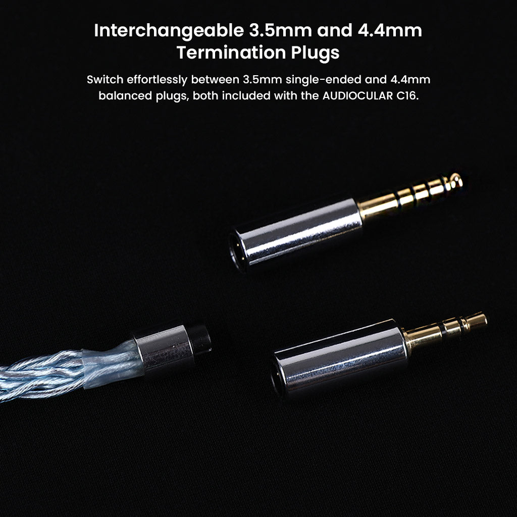Interchangeable 3.5mm and 4.4mm plugs included with AUDIOCULAR C16 IEM Cable for flexible single-ended and balanced audio setups.