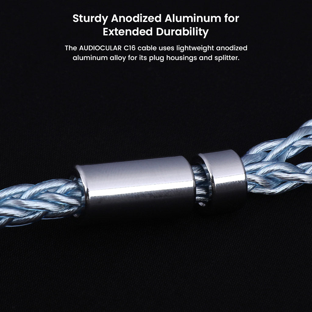 Durable anodized aluminum plug housing on AUDIOCULAR C16 IEM Cable enhances longevity and premium build quality.