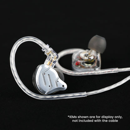 AUDIOCULAR - RC1 Silver-Plated Cable connected to KZ IEMs, showcasing compatibility and ergonomic over-ear fit for immersive sound.