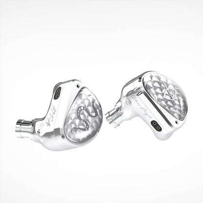 EARACOUSTIC AUDIO- STA-Hi End Dual Dynamic Driver IEM in silver with engraved snake design, showcasing premium build and dual pin connector.