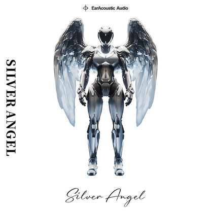 Futuristic Silver Angel illustration representing the limited edition STA IEM series by EarAcoustic Audio with angelic robot design.