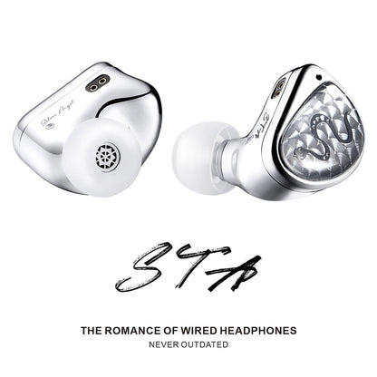 Silver EARACOUSTIC AUDIO STA IEMs with silicone ear tips, highlighting wired headphone design and engraved details for audiophile appeal.