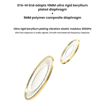 Close-up of STA-Hi End IEM diaphragms with 10MM beryllium plated and 6MM polymer composite for fast, smooth frequency response.