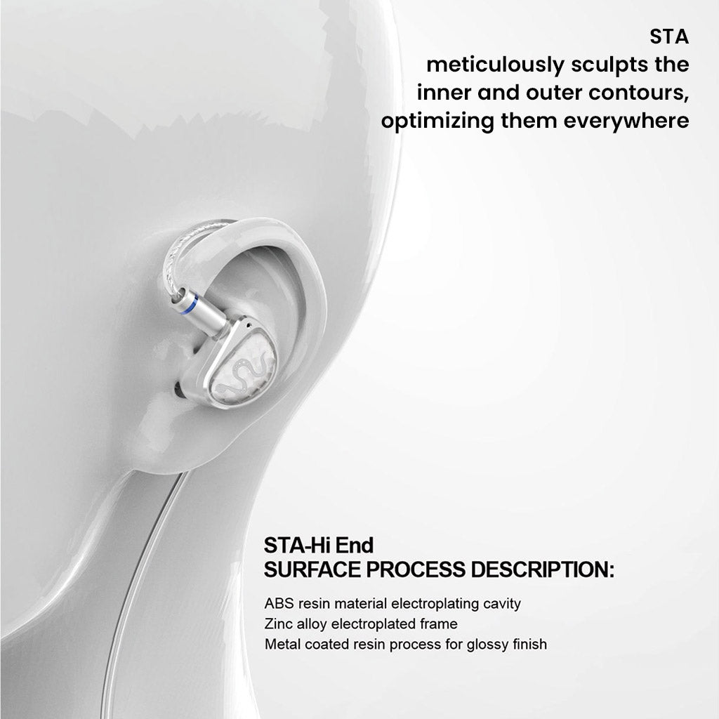 STA IEM worn on ear model, highlighting ergonomic design and glossy finish from ABS resin and zinc alloy electroplated frame.