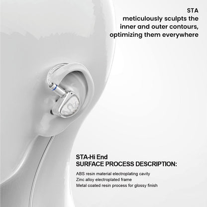 STA IEM worn on ear model, highlighting ergonomic design and glossy finish from ABS resin and zinc alloy electroplated frame.