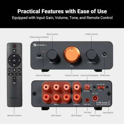 Rear and front panel view of Fosi Audio-P4 Mini Preamp - Headphone Amplifier with RCA inputs, tone controls, and remote for versatile audio connectivity.