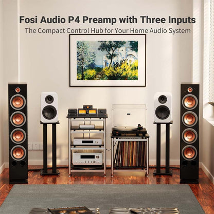 Fosi Audio-P4 Mini Preamp - Headphone Amplifier featured in a high-end home audio system with three input sources and multiple speaker configurations.