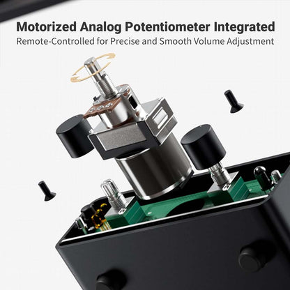 Exploded view of Fosi Audio-P4 Mini Preamp - Headphone Amplifier showing motorized analog potentiometer for precise remote-controlled volume adjustment.