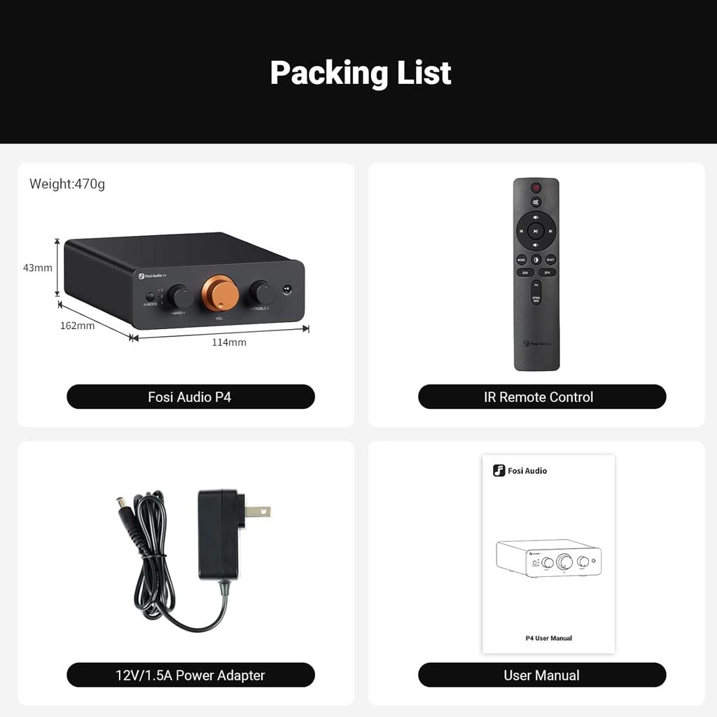 Packing list of Fosi Audio-P4 Mini Preamp - Headphone Amplifier including remote control, power adapter, and user manual for complete setup.