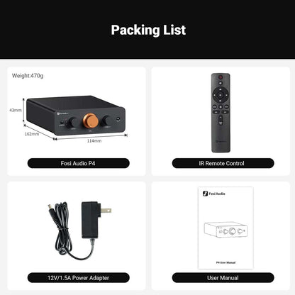 Packing list of Fosi Audio-P4 Mini Preamp - Headphone Amplifier including remote control, power adapter, and user manual for complete setup.