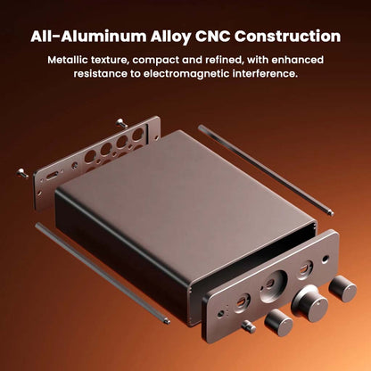Fosi Audio-P4 Mini Preamp - Headphone Amplifier CNC-machined aluminum alloy body shown in exploded view for durability and EMI resistance.