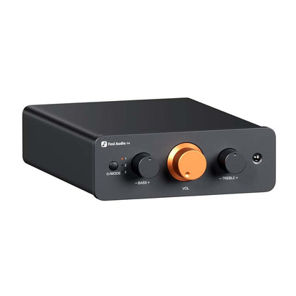 Fosi Audio-P4 Mini Preamp - Headphone Amplifier with volume, bass, and treble knobs in a compact black metal chassis for multi-source audio setups.