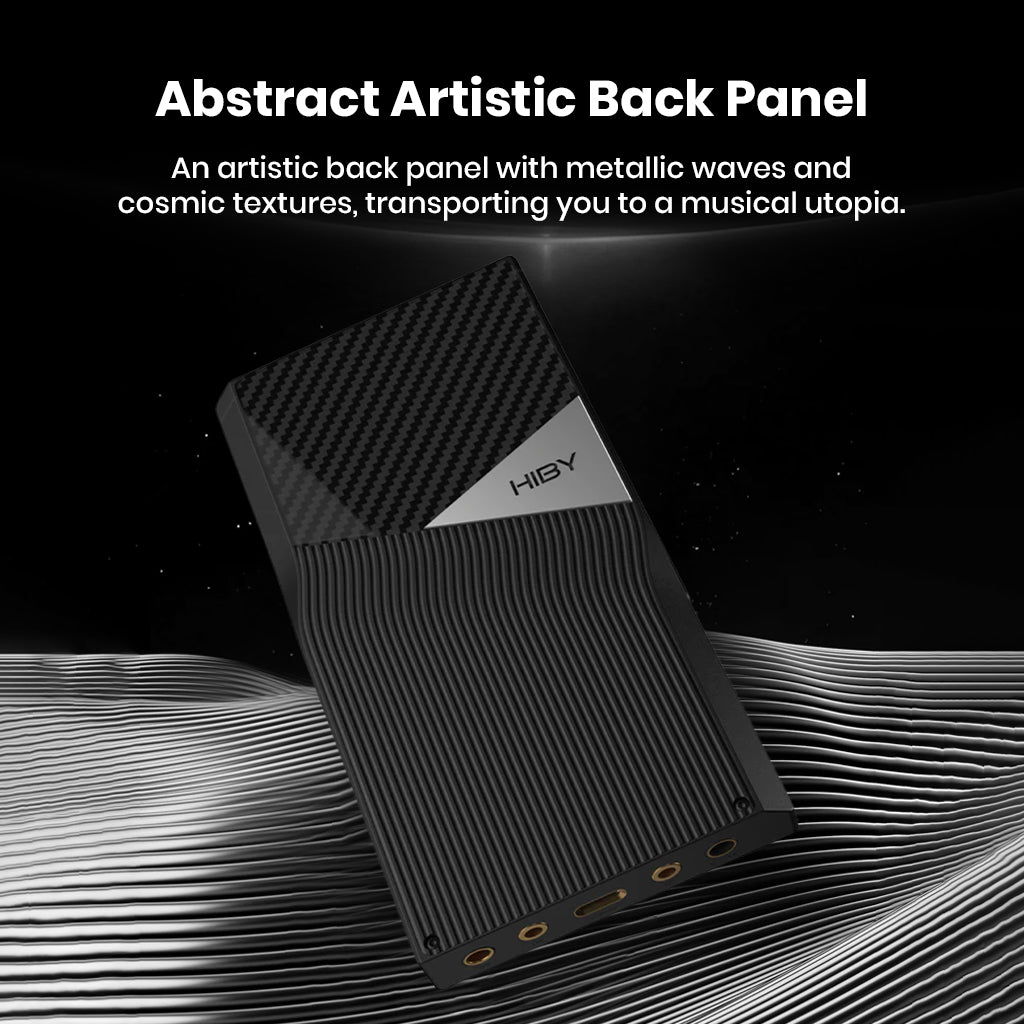 HiBy R6 Pro II features an abstract artistic back panel with metallic waves and textures, enhancing its premium audio player design.