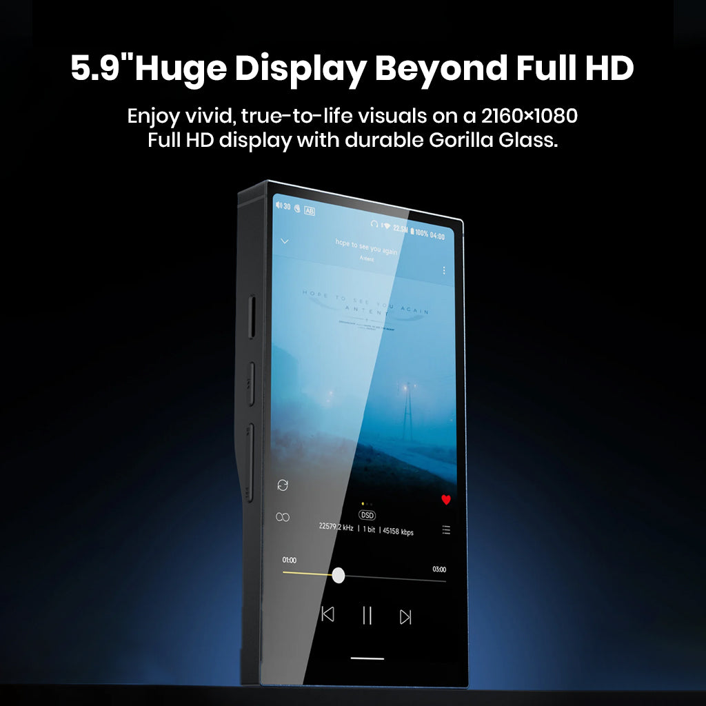 HiBy R6 Pro II includes a 5.9-inch 2160x1080 Full HD display with Gorilla Glass for vivid visuals and durable touchscreen control.