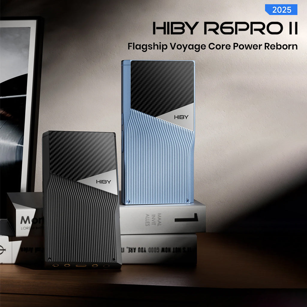 HiBy R6 Pro II 2025 edition shown in black and blue variants, highlighting its flagship design and premium audio performance.
