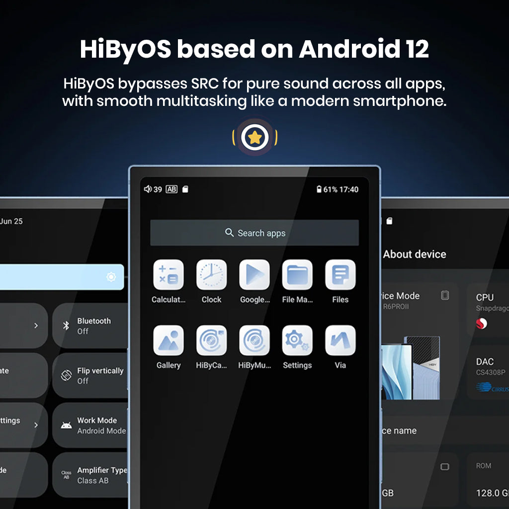 HiBy R6 Pro II runs HiByOS based on Android 12, offering pure sound and multitasking with a smartphone-like interface and app support.